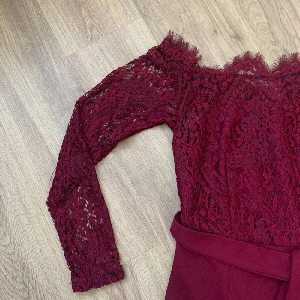 SHEIN Off Shoulder Lace Bodice Black Jumpsuit Size S 8 Burgundy - Picture 3 of 5